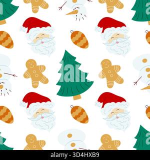 Christmas seamless pattern in hand-drawn style. Snowmen, gingerbread men. Print for design, textile, fabric, wallpaper, wrapping paper Stock Vector