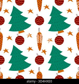 Christmas seamless pattern in hand-drawn style. Christmas trees, Christmas decorations. Print for design, textile Stock Vector