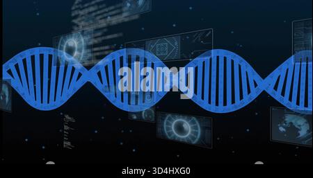 Stretching large blue DNA double helix spanning virtual research interface, showing HUD and radar Stock Photo