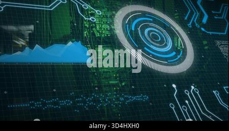 Displaying concentric circular HUD glowing on right over PCB, showing blue area chart waveform Stock Photo