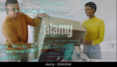 Unpacking orange-sweater and yellow-top couple sorting clothes on bed at home with box and code Stock Photo