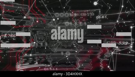 Displaying white skull-and-crossbones glyph on cyber UI, showing circuit traces and numeric strings Stock Photo