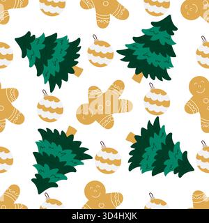 Christmas seamless pattern in hand-drawn style. Gingerbread, Christmas tree. Print for design, textile, fabric, wallpaper, wrapping Stock Vector