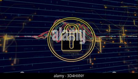 Displaying centered gold padlock icon securing data on dark navy grid, with multicolored charts Stock Photo