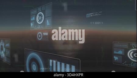 Floating translucent face blending into virtual horizon at dusk, showing HUD panels and binary code Stock Photo