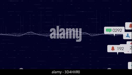 Displaying white dotted waveform running across dark navy UI, with notification bubbles Stock Photo