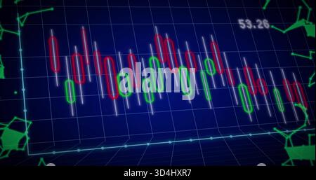 Displaying red green candles with white wicks on blue grid, showing cyan axis, neon network, 53 Stock Photo