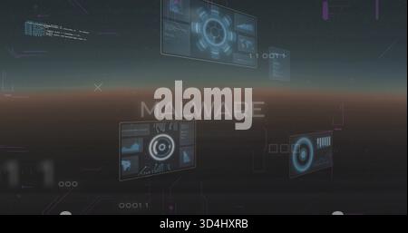 Projecting central MALWARE label hovering in cyber interface, with HUD panels and radar UI Stock Photo