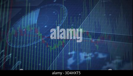 Displaying dark blue trading screen, showing red-green candlesticks, green-blue bars, radar gauge Stock Photo