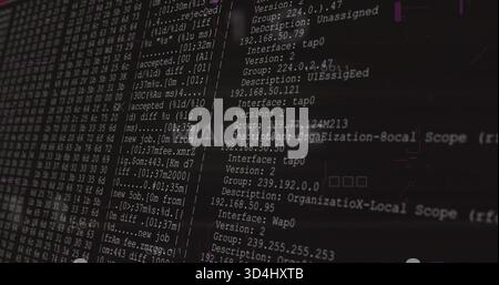 Displaying monitor showing monospaced terminal logs on workstation, listing IPs and column divider Stock Photo