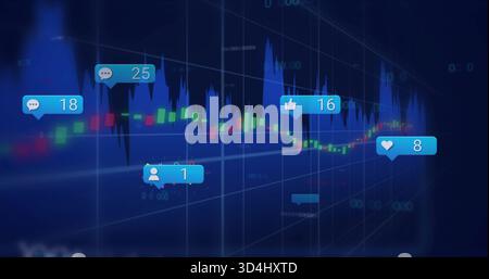 Displaying digital financial chart showing candlesticks and line overlay on blue dashboard, badges Stock Photo