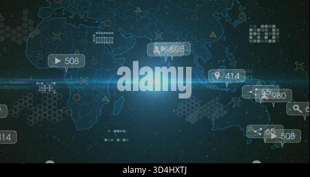 Displaying faint world map outline glowing with central cyan flare on dashboard, metric callouts Stock Photo