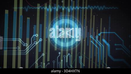 Glowing central circular HUD rotating inside cyber dashboard, showing bar chart and traces Stock Photo