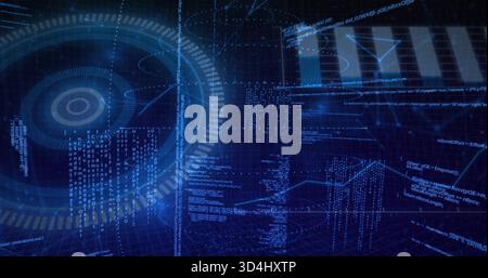 Displaying holographic circular HUD rotating in virtual data space, showing code streams and charts Stock Photo