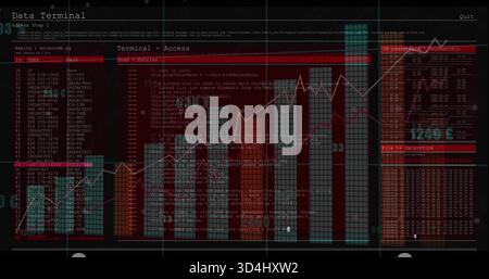 Displaying fullscreen red data terminal on screen, showing teal bars, white red lines, mono logs Stock Photo
