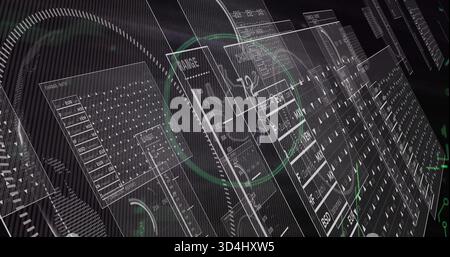 Showing layered UI panels and grid matrices on digital plane, displaying HUD rings and readouts Stock Photo