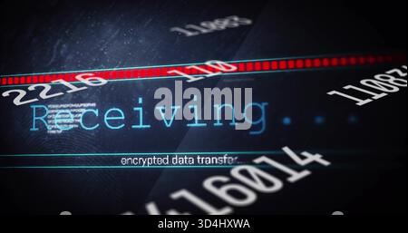 Showing central cyan Receiving with encrypted transfer on HUD, displaying diagonal red progress bar Stock Photo