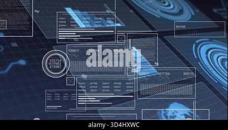 Displaying translucent HUD panels showing numeric readouts, radar rings, globe over dark blue grid Stock Photo