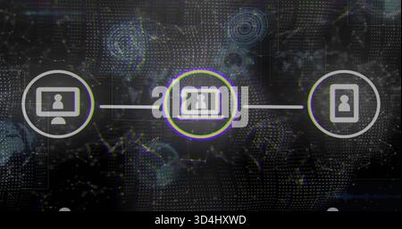 Displaying central laptop node glowing in abstract digital network, linking desktop and mobile Stock Photo