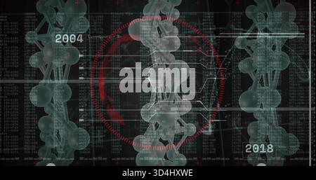 Displaying central clear molecular helix at digital lab display, showing red HUD, 2004 and 2018 Stock Photo
