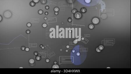 Displaying clustered user avatar nodes on dark gray canvas, showing chat bubbles and blue glows Stock Photo