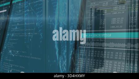 Displaying glass panels showing streaming code, network map, encryption UI, waveform at ops hub Stock Photo