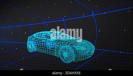 Displaying cyan wireframe car model centered, rotating inside curved grid tunnel with white markers Stock Photo