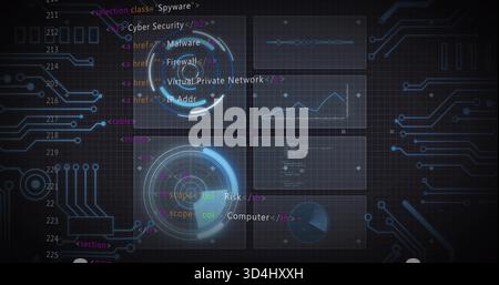 Displaying central two-by-three data panels on virtual dashboard, with holographic HUD elements Stock Photo