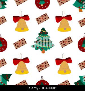 Christmas seamless pattern in hand-drawn style. Christmas tree decorations, fir tree. Print for design, textile, fabric, wallpaper Stock Vector