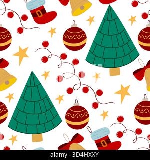Christmas seamless pattern in hand-drawn style. Christmas trees, Christmas decorations. Print for design Stock Vector