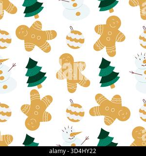 Christmas seamless pattern in hand-drawn style. Gingerbread, Christmas tree. Print for design, textile Stock Vector