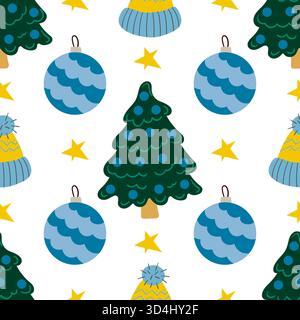 Christmas seamless pattern in hand-drawn style. Winter hats and Christmas trees. Print for design Stock Vector
