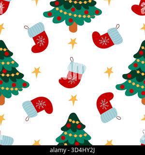 Seamless Christmas pattern in hand-drawn style. Christmas trees, Christmas socks. Print for design, textile, fabric, wallpaper, wrapping paper Stock Vector