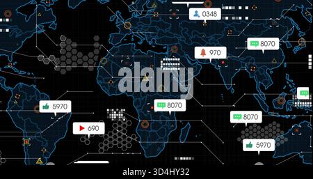 Displaying neon-blue map covering digital dashboard at dark grid, with notification bubbles Stock Photo