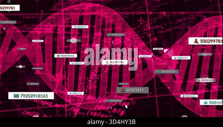 Displaying magenta DNA helix wireframe centered on data dashboard, with data labels icons cursor Stock Photo