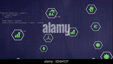 Displaying hexagon icon cluster centered on dark panel showing JavaScript code and numeric labels Stock Photo