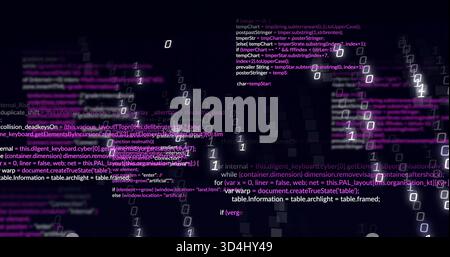 Floating code snippets and 0s 1s forming layered display in virtual cyberspace, magenta highlights Stock Photo