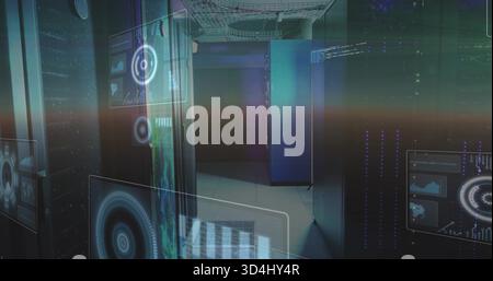 Illuminating server racks projecting holographic UI panels in data center aisle, showing LEDs Stock Photo