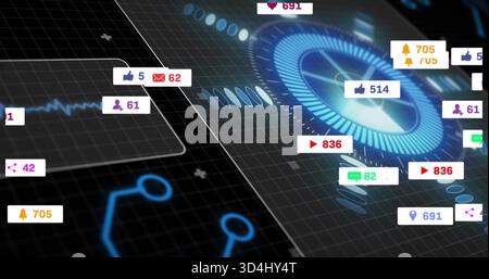 Displaying blue circular HUD with radial ticks on dark grid plane, showing floating badge icons Stock Photo
