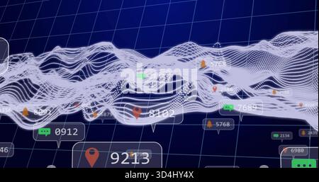 Displaying white-dotted mesh waveform in 3D-data-space showing navy grid labels pins chats bells Stock Photo