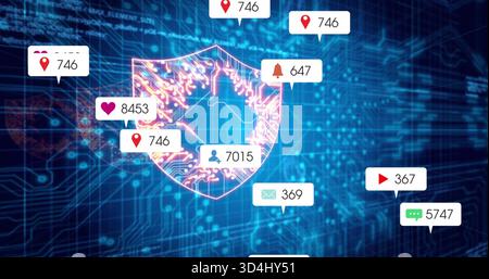 Displaying neon magenta-cyan circuitry shield glowing in cyberspace, showing notification callouts Stock Photo
