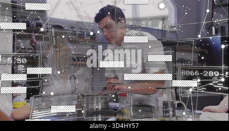 Leaning male chef wearing white jacket, using utensil on kitchen prep table with HUD overlay Stock Photo