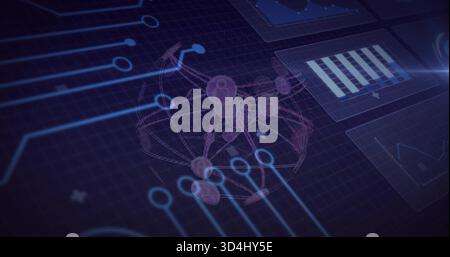 Showing 3D network sphere pulsing over dark blue grid, with glowing circuits and bar or line charts Stock Photo