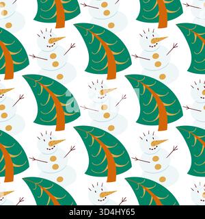 Christmas seamless pattern in hand-drawn style. Snowmen peek out from behind the tree. Print for design, textile, fabric, wallpaper Stock Vector