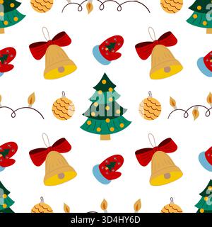 Seamless Christmas pattern in hand-drawn style. Christmas trees, bells. Print for design, textile, fabric, wallpaper, wrapping Stock Vector