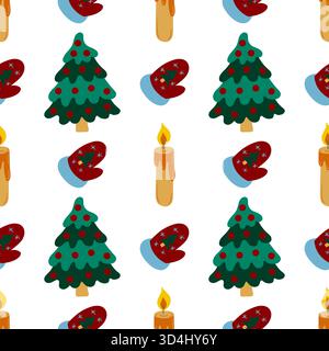 Christmas seamless pattern in hand-drawn style. Winter mittens, Christmas trees. Print for design, textile Stock Vector