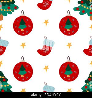 Christmas seamless pattern in hand-drawn style. Christmas stock, Christmas toys. Print for design, textile, fabric, wallpaper, wrapping Stock Vector