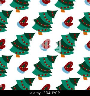 Christmas seamless pattern in hand-drawn style. Winter mittens, Christmas trees. Print for design Stock Vector