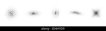 Halftone gradient shapes. Abstract dotted squares, fading pixel forms, geometric stipple design, grain pattern, retro raster minimal dotted silhouettes, textured point black white shading effect Stock Vector