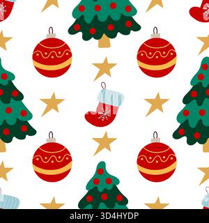 Christmas seamless pattern in hand draw style. Christmas trees, Christmas tree balls. Print Stock Vector
